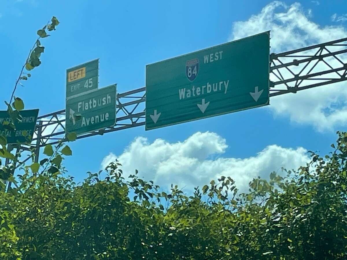The sign for Exit 45 to Flatbush Avenue was misspelled as "Flatbnsh Avenue" before being fixed.