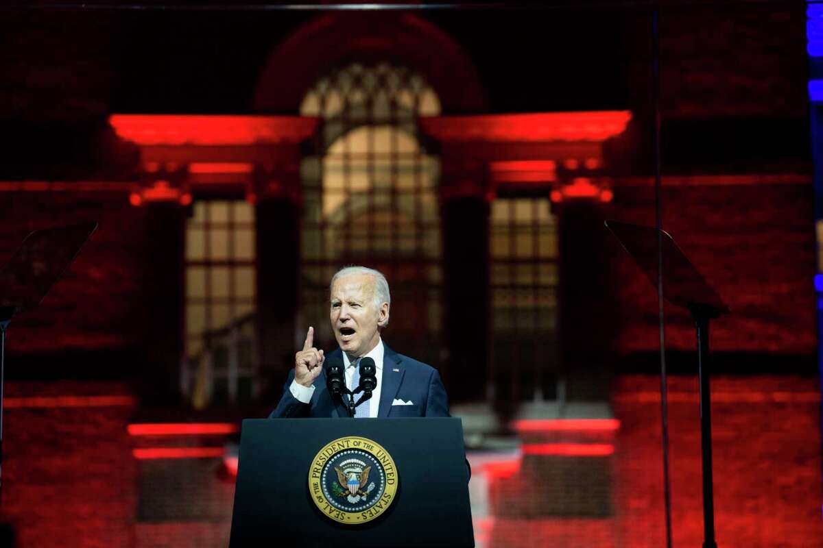 President Joe Biden delivers remarks at Independence Hall in Philadelphia, Thursday, Sept. 1, 2022. ?’How can an American president go wrong in identifying threats to democracy? Biden offered a master class,?“ writes New York Times columnist Bret Stephens. (Doug Mills/The New York Times)