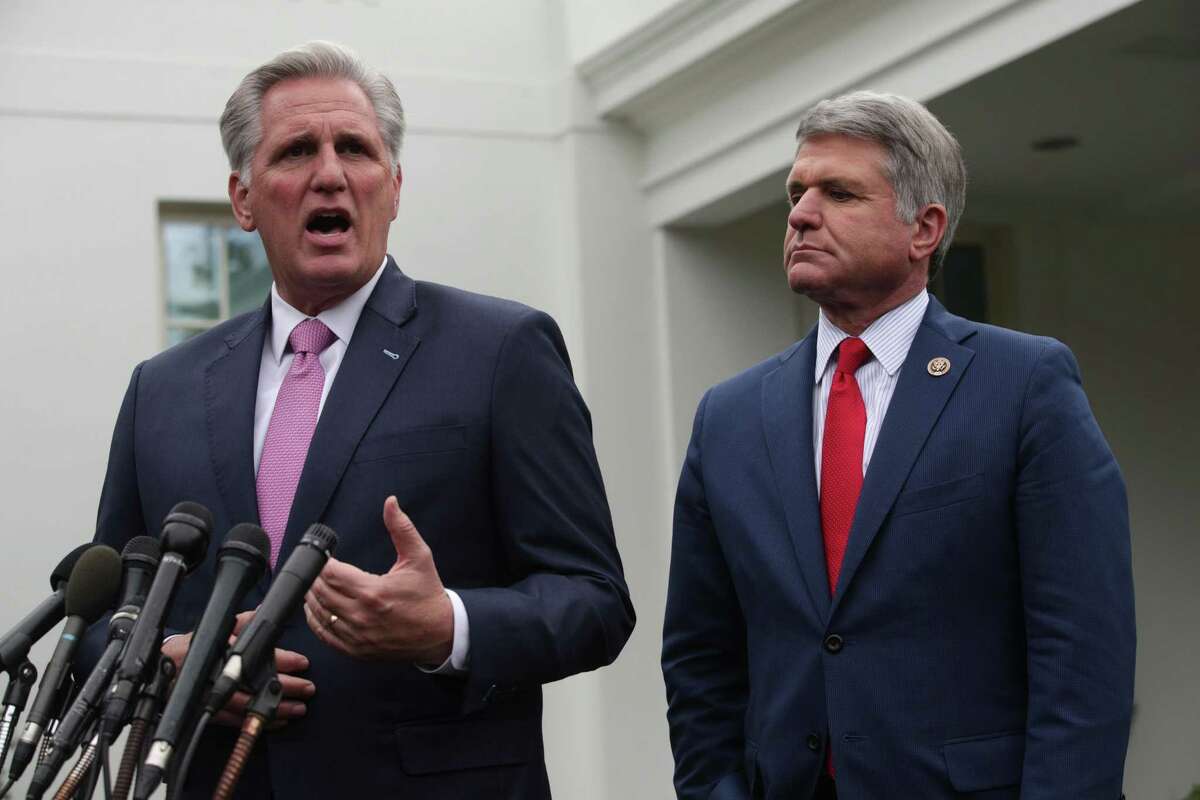 U.S. House Minority Leader Rep. Kevin McCarthy (R-CA) and Rep. Michael McCaul (R-TX) brief members of the media outside the West Wing of the White House after a meeting with President Donald Trump in October, 2019 in Washington, DC. (Photo by Alex Wong/Getty Images)
