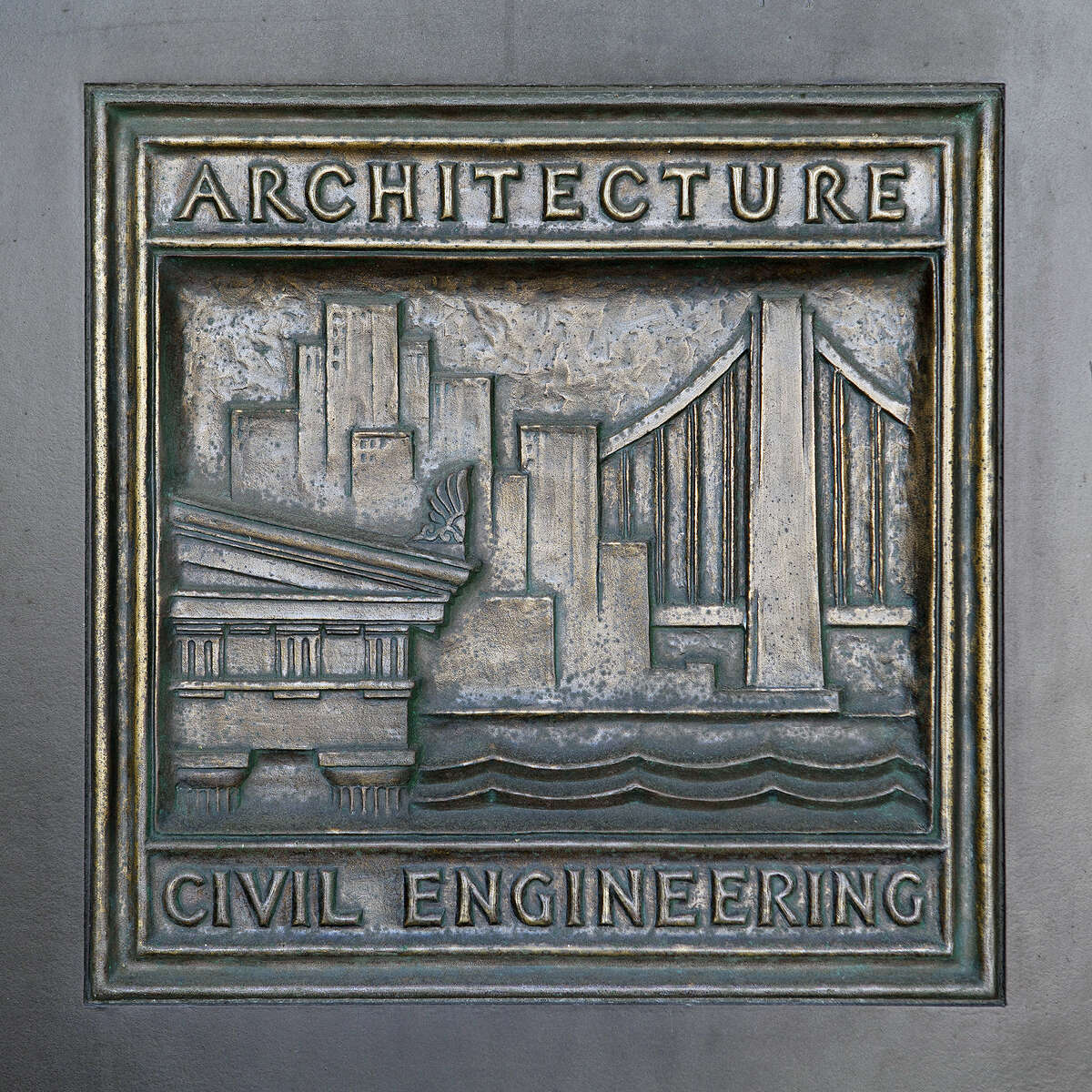 This bronze architecture plaque by sculptor Leonard Crunelle is one of many he created to adorn the doors of the Museum of Science and Industry in Chicago.