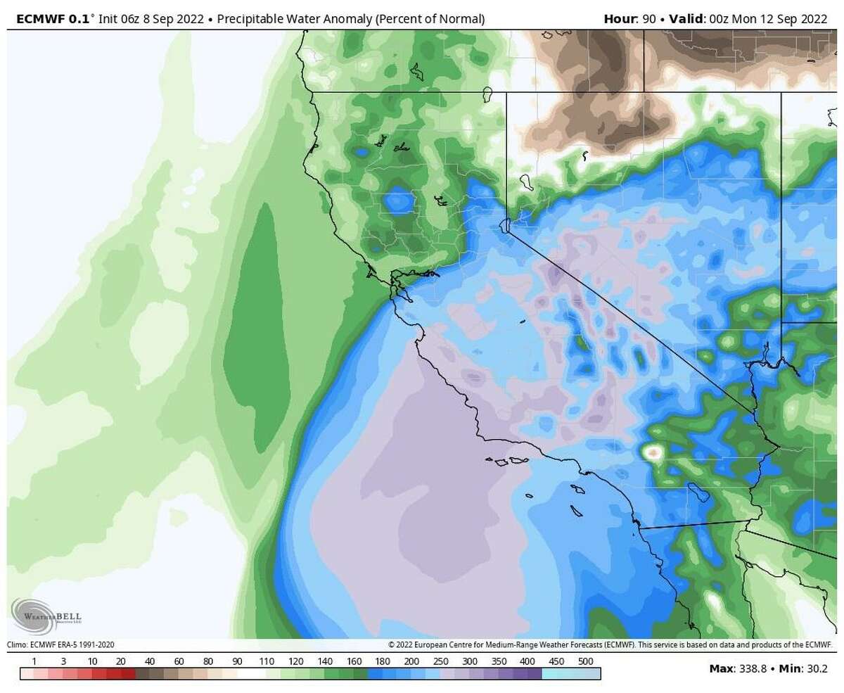 Precipitable water values are forecast to run well over 100% and 200% above normal over large parts of Southern California, with some of that moisture making it up into the Sacramento Valley and parts of the Bay Area by Sunday and Monday.