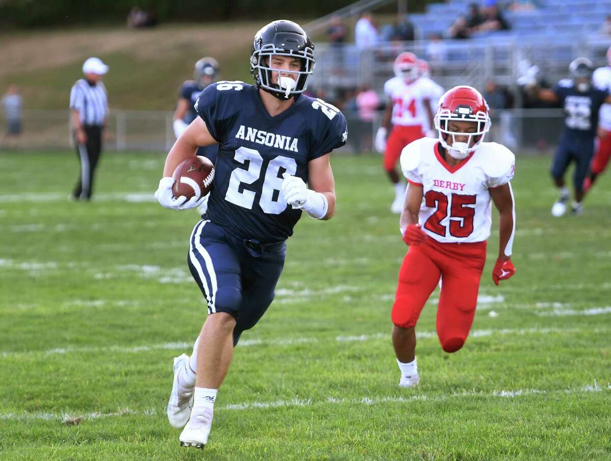 Ansonia tight end Preston Dziubina runs a reception in for a touchdown scoring the first quarter of his team's season opening defeat of Derby at Nolan Field in Ansonia, Conn. on Thursday, September 8, 2022.