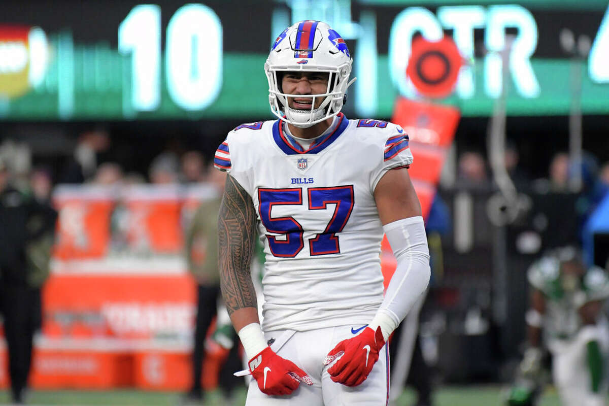 A.J. Epenesa had himself quite an opening night. The 2017 Edwardsville High School graduate had a career-high 1.5 sacks, two tackles and a team-high four quarterback hits on 36 snaps played in Buffalo's 31-10 win over the Los Angeles Rams on Thursday night inside SoFi Stadium in Inglewood, California. Epenesa entered his third season in the NFL with 28 tackles and 2.5 sacks in 28 games. In the file photo, Epenesa celebrates after sacking New York Jets quarterback Mike White (not shown) during the second half of a game in November.