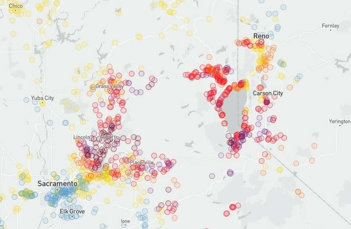 The Chronicle's Air Quality map showed unhealthy and very unhealthy air ringing Lake Tahoe as a result of the Mosquito Fire. 
