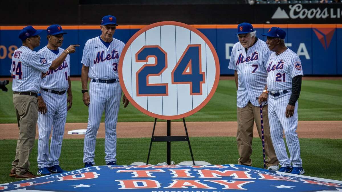 A tribute to former NY Met Willie Mays before the Old Timers Day ball game at Citi Field in Flushing, N.Y., on Aug. 27, 2022. 