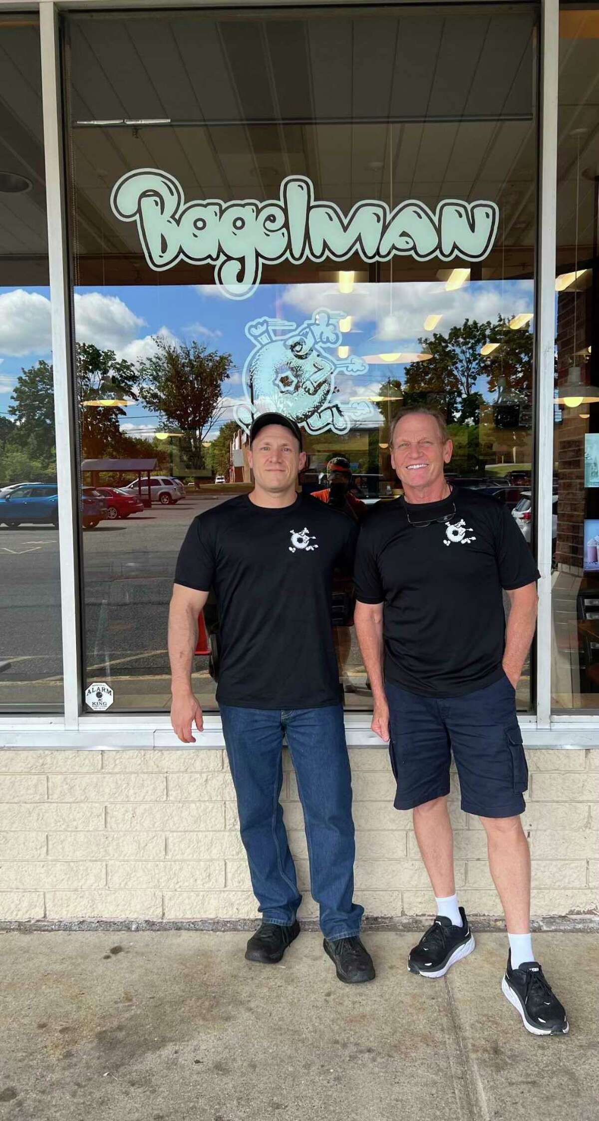 From left, Marc Froehlich with his father, who shares his name, standing outside of Bagelman in Brookfield. They will soon be opening a new location of the business in New Milford.