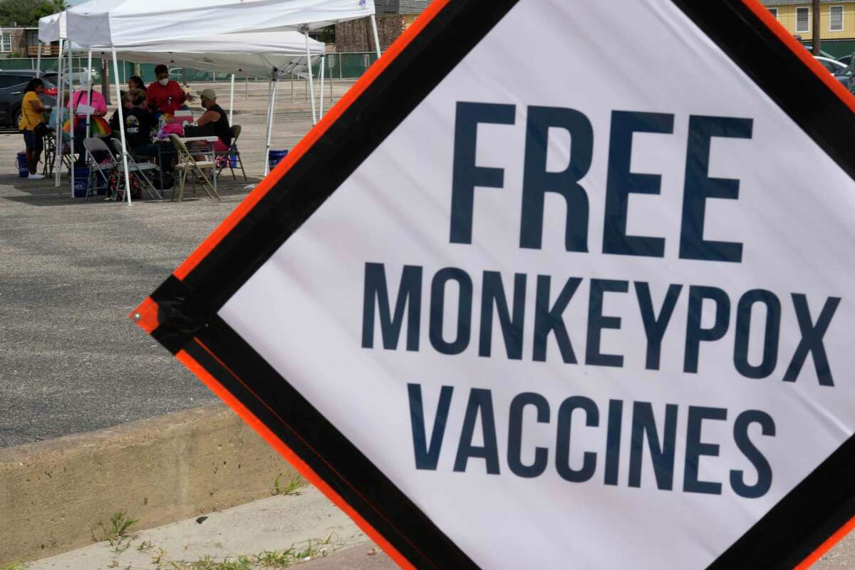 A sign announces availability of free Monkeypox vaccines at a Galveston County Health District mobile clinic, Saturday, Sept. 3, 2022, in Galveston. The Monkeypox were free and walk-ins were welcomed.