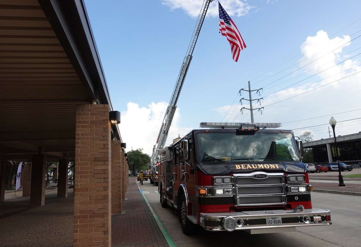 Beaumont fire trucks line up outside the Beaumont Civic Center in recognition of local first responders. Photo taken Sept. 8, 2022. Photo by Olivia Malick/ The Enterprise