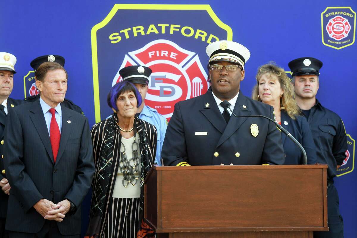 Fire Chief Jermaine Atkinson speaks during a news conference in front of fire headquarters in Stratford, Conn. Sept. 9, 2022. Atkinson joined U.S. Sen. Richard Blumenthal, U.S. Rep. Rosa DeLauro, Mayor Laura Hoydick and others to announce the Stratford Fire Department has been awarded a Federal Assistance to Firefighters Grant (AFG) of $36,291 for firefighter training.
