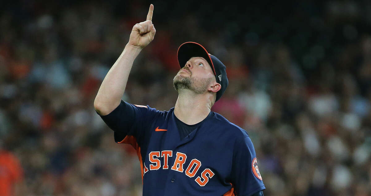Houston Astros relief pitcher Ryan Pressly (55) celebrates his 1-2-3 top ninth inning of an MLB game against the Los Angeles Angels Sunday, July 3, 2022, at Minute Maid Park in Houston.