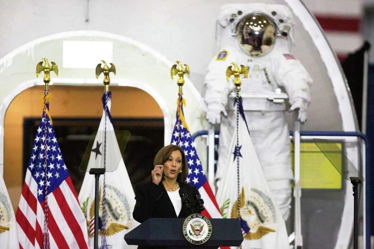 U.S. Vice President Kamala Harris addresses members of the space industry and the National Space Council during a visit to the NASA Johnson Space Center in Houston, Friday, Sept. 9, 2022.