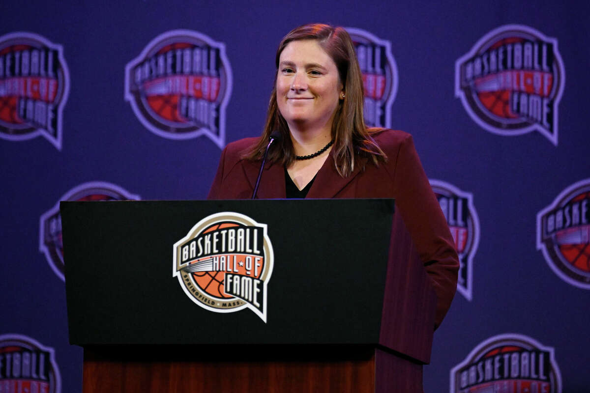 Basketball Hall of Fame Class of 2022 inductee Lindsay Whalen speaks at a news conference at Mohegan Sun, Friday, Sept. 9, 2022, in Uncasville, Conn. (AP Photo/Jessica Hill)