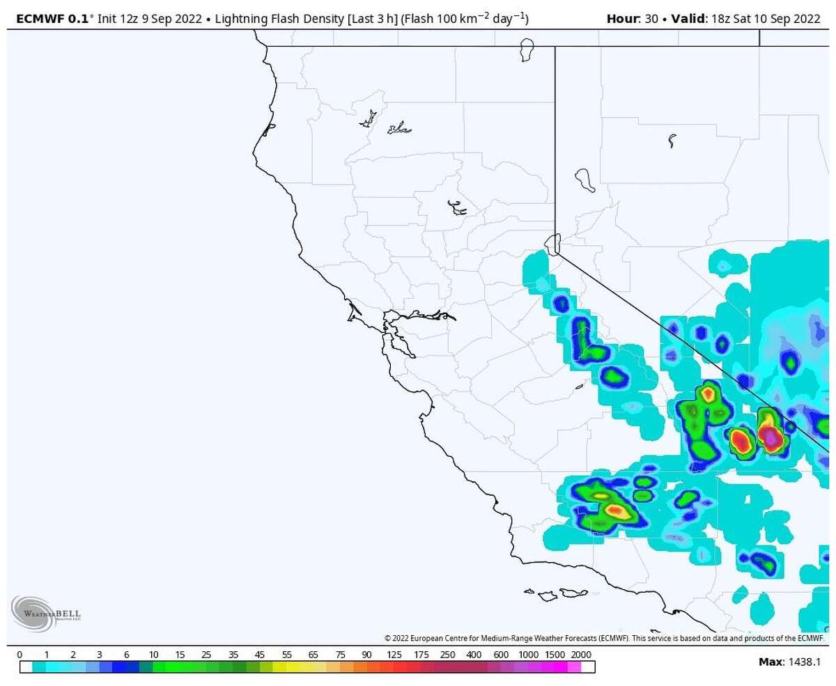 Saturday's lightning threat appears to be concentrated in the Southern Sierra, although some cells could form in the Central Sierra in the evening.