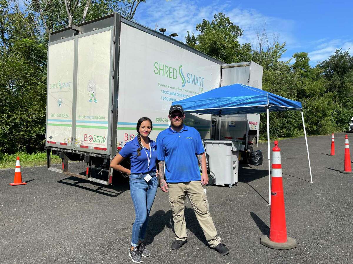 The Rotary Club of Danbury is hosting a Shred Day event from 9 a.m. until noon Saturday at the Chuck’s Steakhouse parking lot at 20 Segar St. in Danbury.Danbury Rotarian Delia Leonardi, who is also the vice president of community development for the Savings Bank of Danbury, is shown with a ShredSmart employee. ShredSmart facilitates the event.