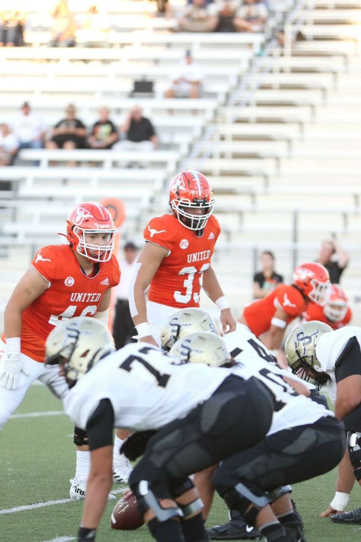 Gael Soto (46) and Luis Franco (33) line up against the Seguin offense on September 9, 2022.