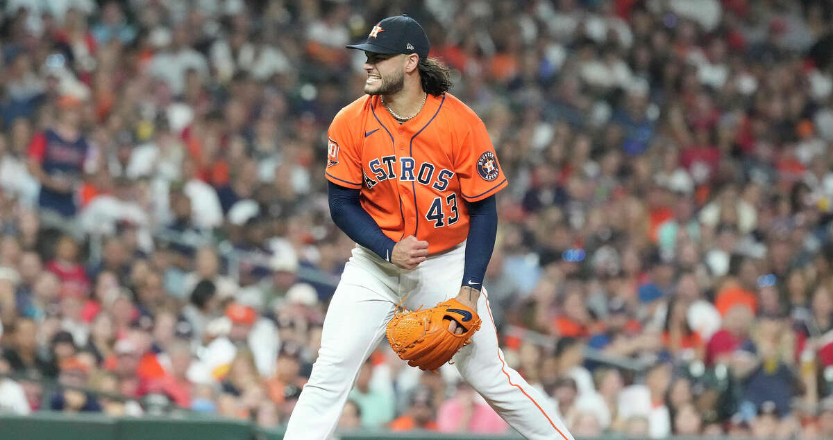 Houston Astros starting pitcher Lance McCullers Jr. (43) reacts as he struck out Los Angeles Angels Mickey Moniak to end the top of the seventh inning of an MLB baseball game at Minute Maid Park on Friday, Sept. 9, 2022 in Houston.