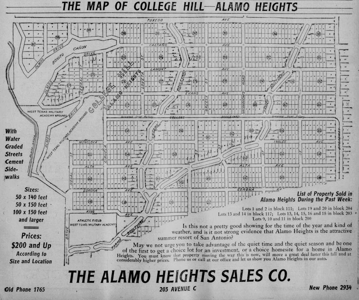 The College Hill neighborhood of Alamo Heights was named for the new campus of West Texas Military Academy, which relocated in 1910 from Government Hill to land donated by Clifton George of the Alamo Heights Sales Co. Shown is a map from San Antonio Light, July 18, 1909.