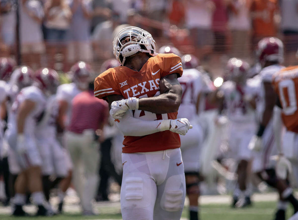 Texas linebacker Jaylan Ford (41) celebrates a sack against Alabama during the first half of an NCAA college football game, Saturday, Sept. 10, 2022, in Austin, Texas. (AP Photo/Rodolfo Gonzalez)