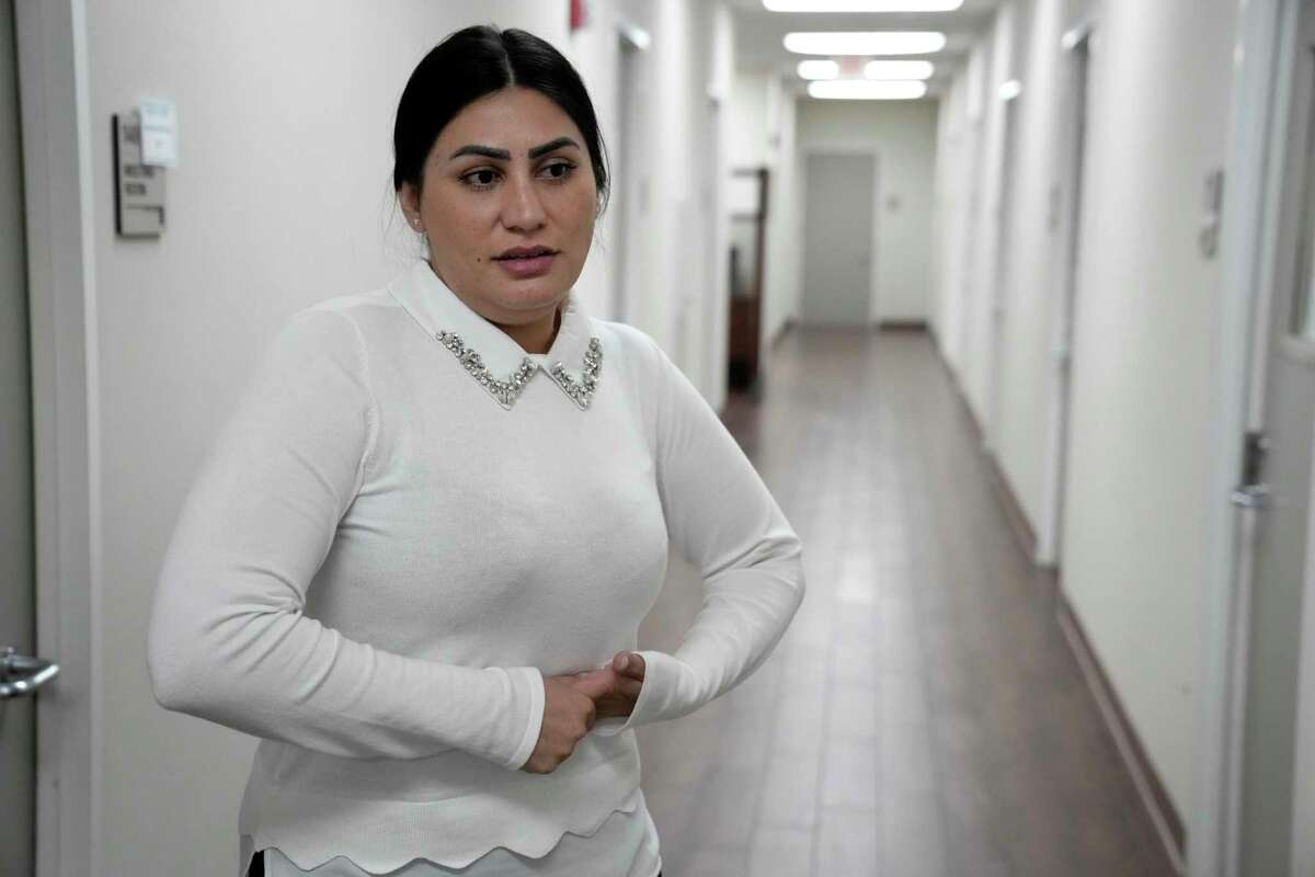 Safinaz Aria is fighting for custody of her three children remotely in a Miami family court Thursday, Sept. 8, 2022, in Houston.