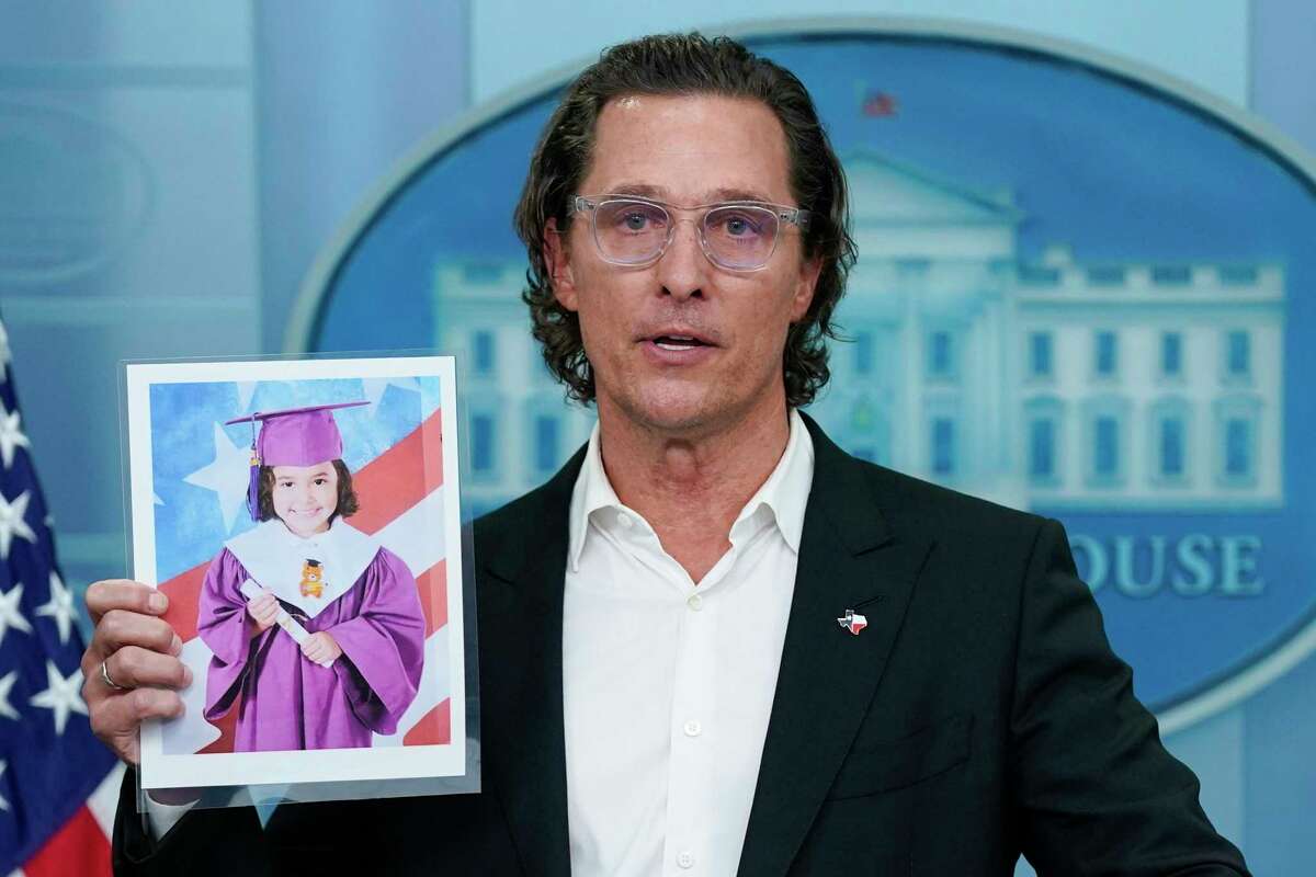 Actor Matthew McConaughey holds a picture of Alithia Haven Ramirez, 10, who was killed in the mass shooting at an elementary school in Uvalde as he speaks during a June 7 news briefing at the White House.