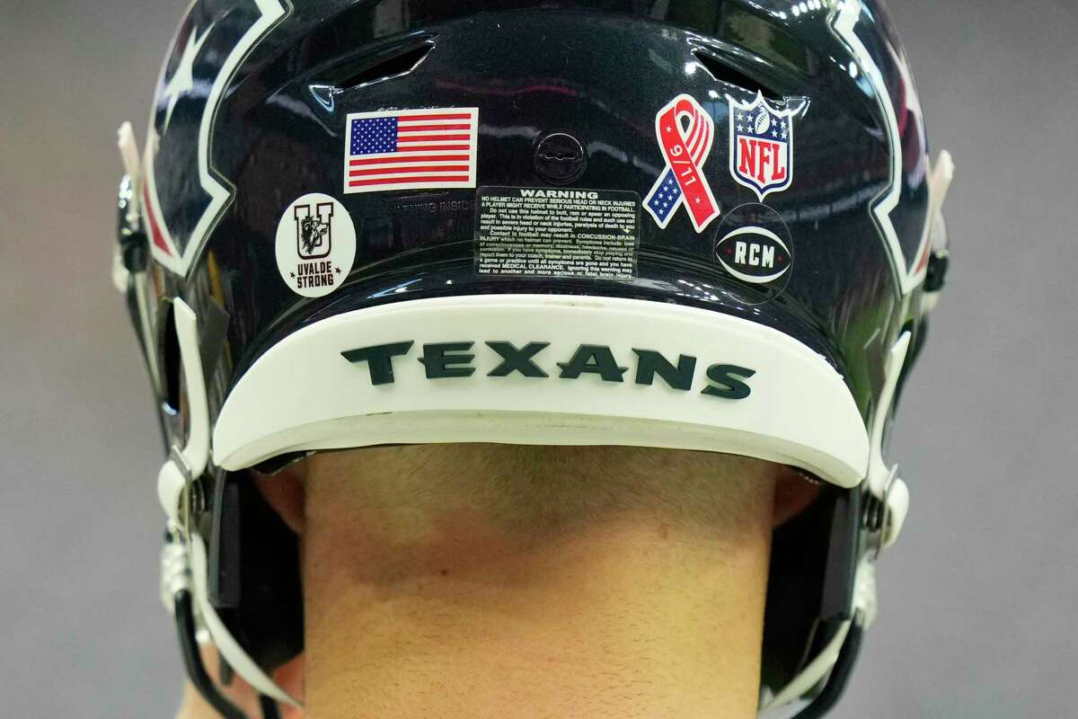 Houston Texans quarterback Davis Mills (10) sports a Uvalde sticker on his helmet prior to an NFL football game Sunday, Sept. 11, 2022, in Houston.