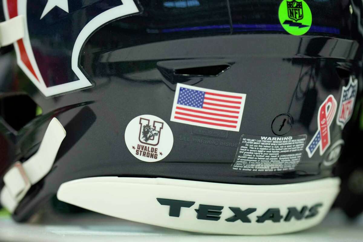 A Uvalde strong sticker is displayed on a Houston texans helmet prior to an NFL football game Sunday, Sept. 11, 2022, in Houston.