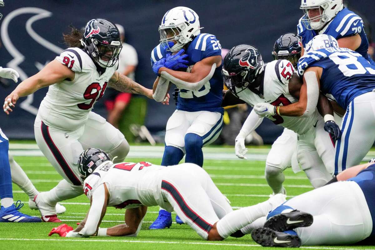As usual, Colts running back Jonathan Taylor (28) had his way with the Texans, doing his most damage in the fourth quarter of Sunday's 20-20 tie.