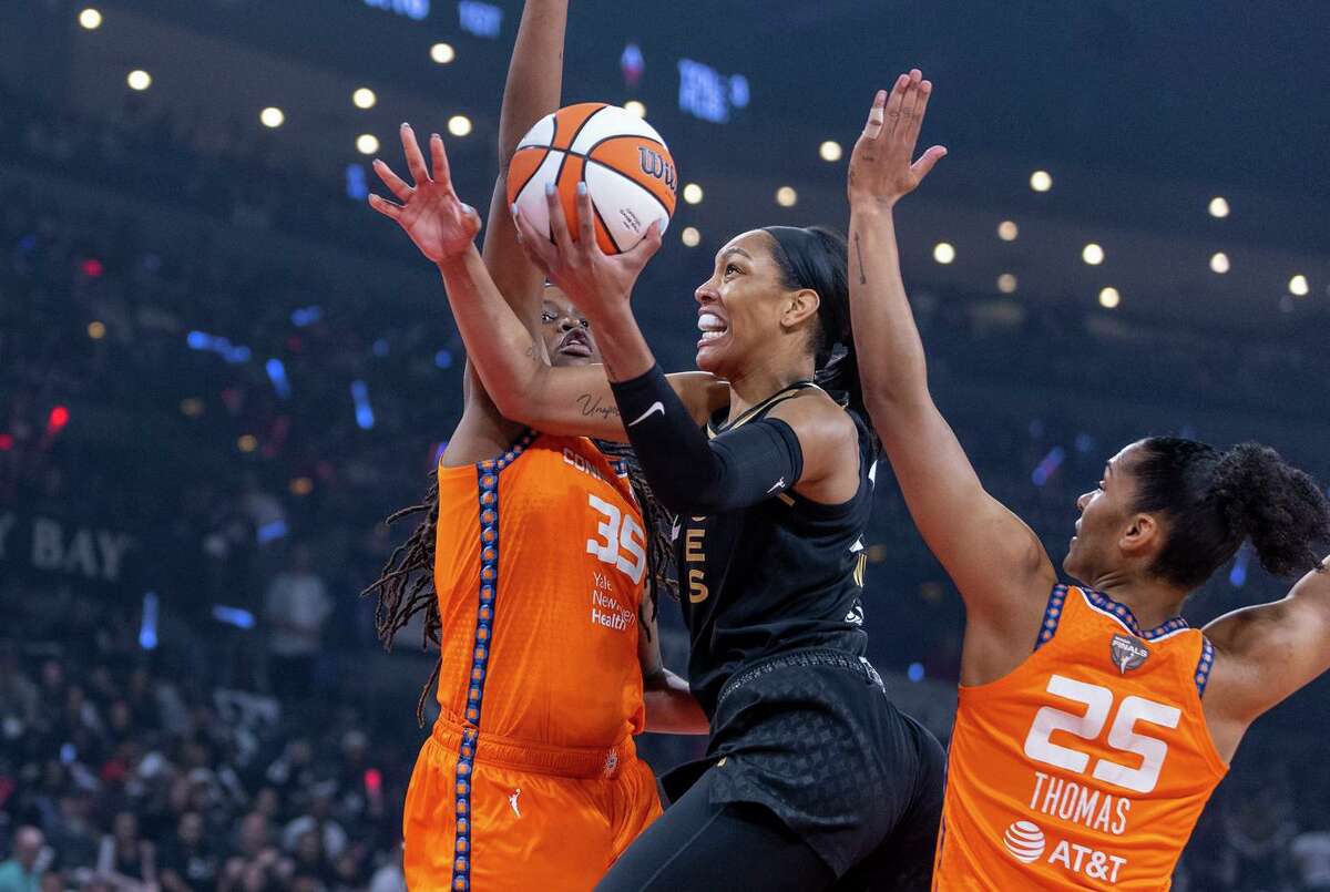 Aces forward A’ja Wilson (center) had 24 points and 11 rebounds in Las Vegas’ Game 1 win.