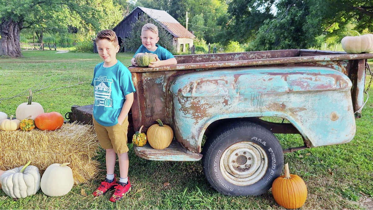 Henry Maki, 9, and Charlie Maki, 4, stand amid a pumpkin display at Maki Pumpkins in Summer Hill. Their parents, Jenna and Laura Maki, said they don't have the space to offer a walk-through, you-pick pumpkin patch to visitors, but that didn't stop them from fulfilling their dream of growing pumpkins.