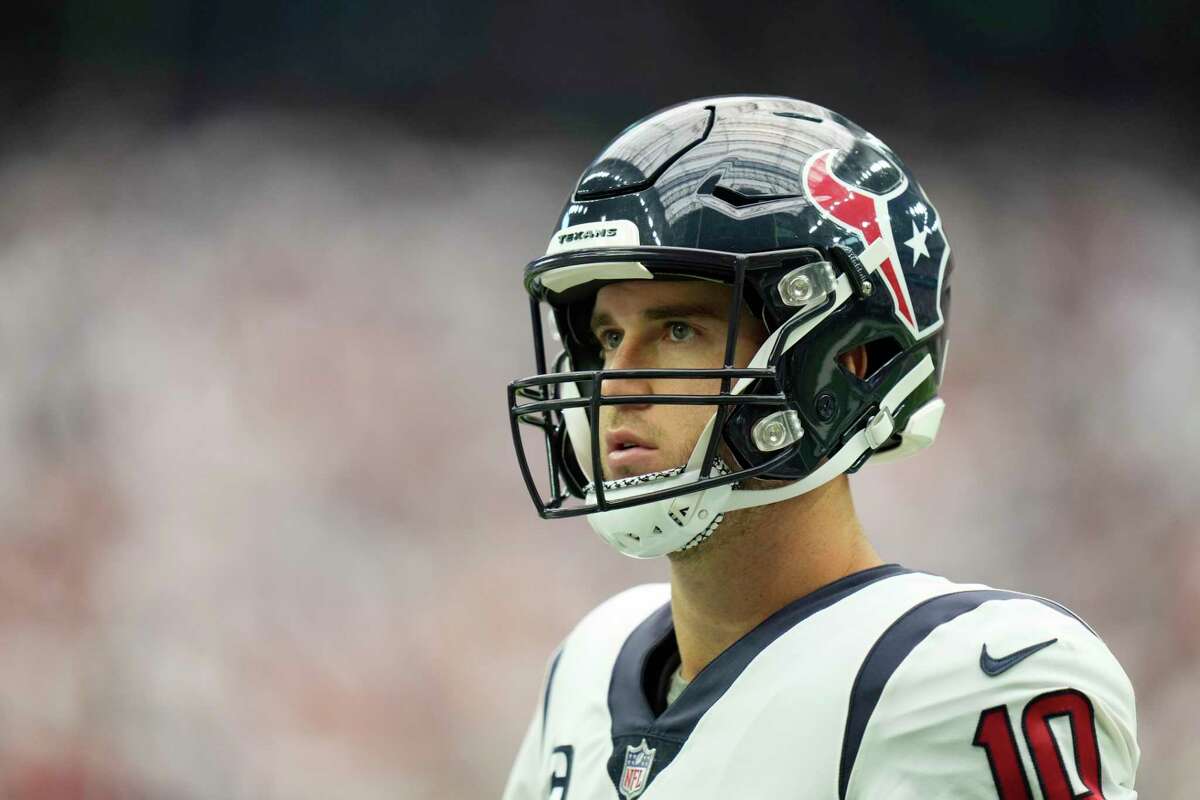 Houston Texans quarterback Davis Mills (10) during the second half of an NFL football game Sunday, Sept. 11, 2022, in Houston.