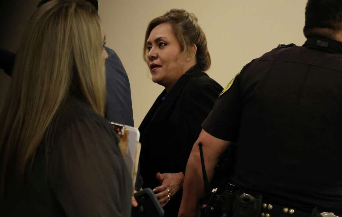 Michelle Barrientes Vela, convicted this month of two counts of tampering with evidence related to park rentals at Rodriguez Park, leaves court on a break during her sentencing hearing on Monday.