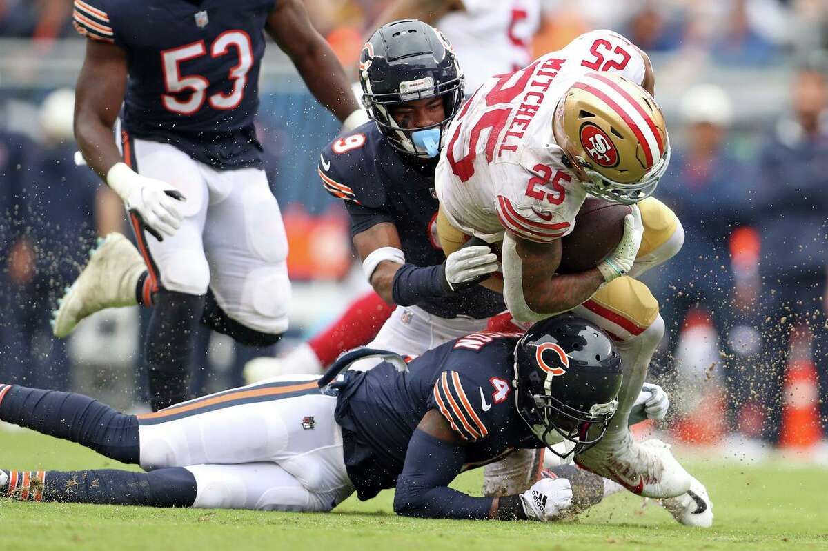 San Francisco running back Elijah Mitchell will be sidelined about two months after he suffered a sprained MCL in his right knee in Sunday’s 19-10 loss at Chicago.