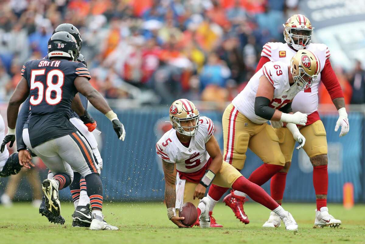 San Francisco 49ers’ Trey Lance reacts to a sack during 19-10 loss to Chicago Bears during NFL game at Soldier Field in Chicago, IL, on Sunday, September 11, 2022.