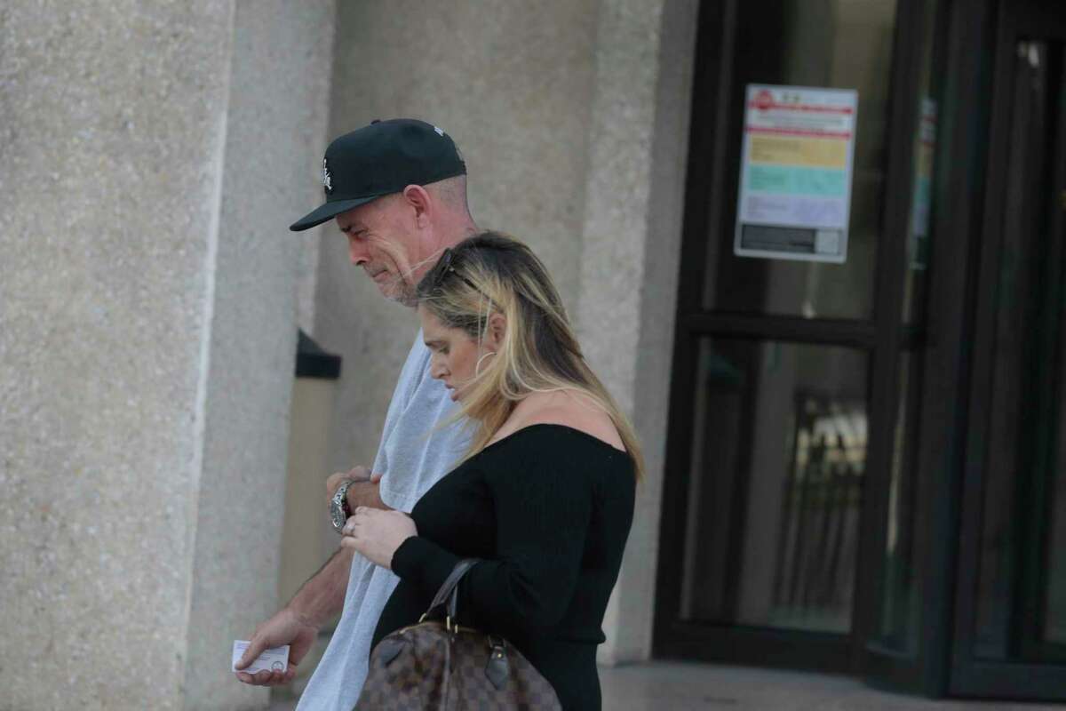 Martin Castro (left), father of Karina Castro, leaves the San Mateo Hall of Justice on Sept. 12, 2022 in Redwood City, after a court appearance for Jose Rafael Solano Landaeta, who is accused of slaying Karina Castro.