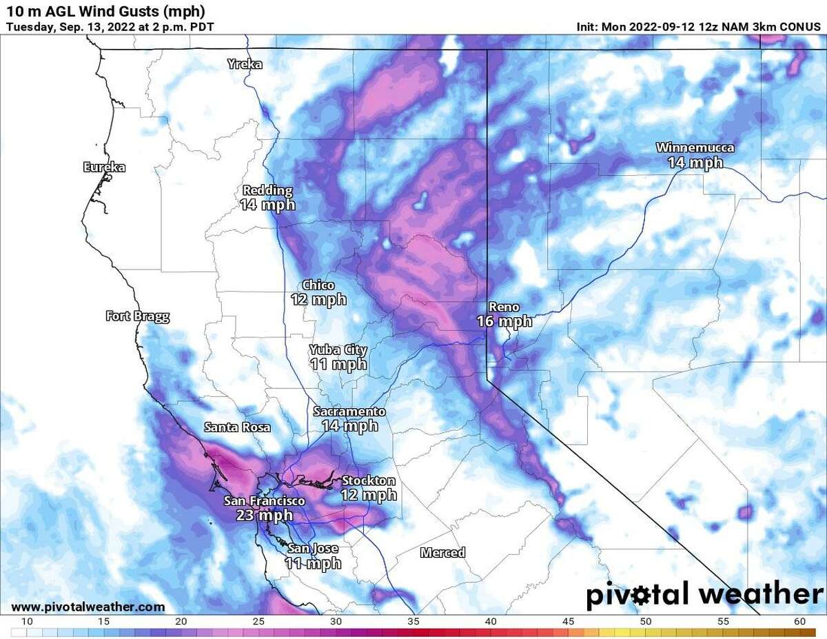 The sea breeze from the Pacific Ocean is set to curl into the Bay Area and Sacramento Valley Tuesday afternoon, while some winds are also expected on the lee side of the Sierra Nevada.