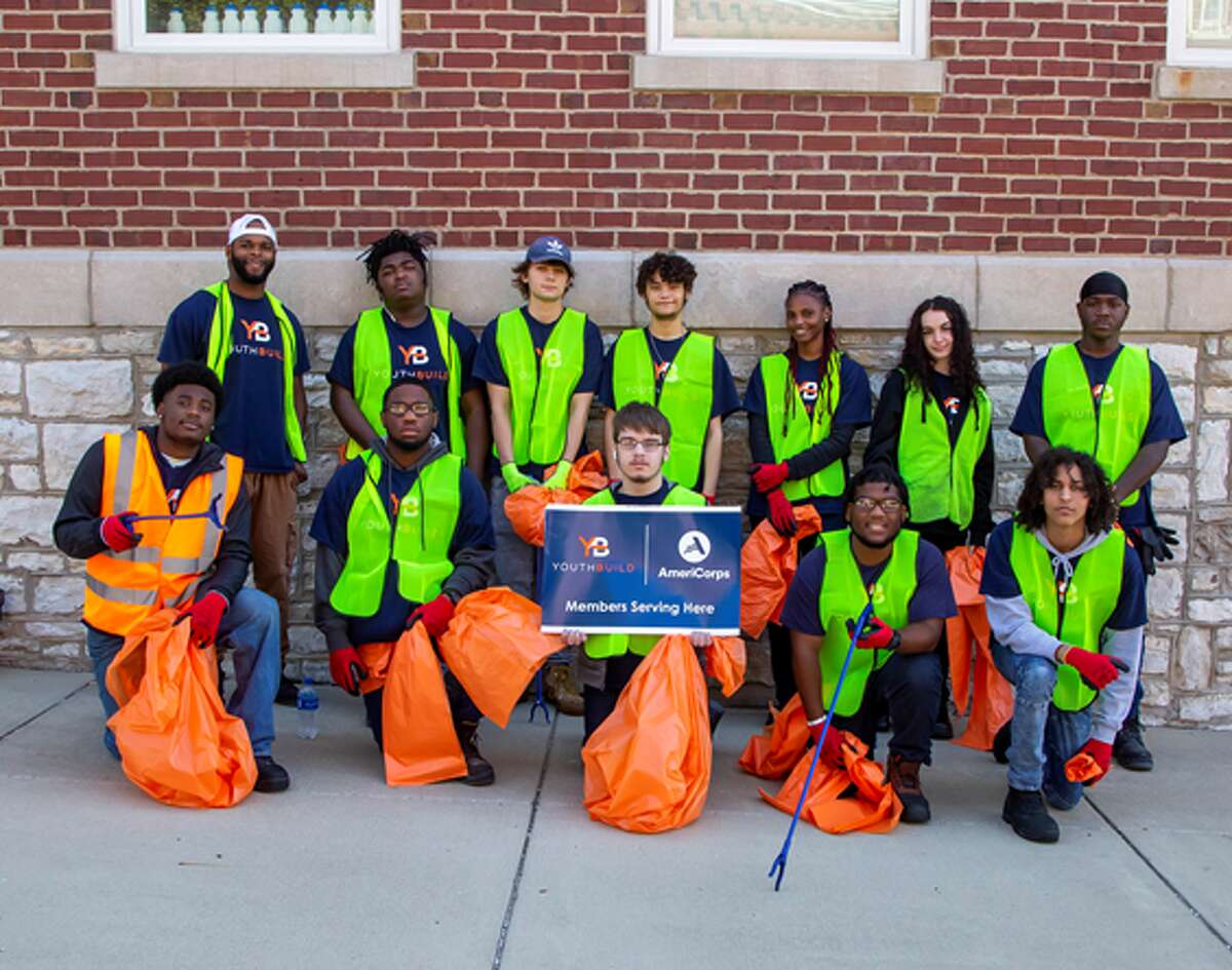 Students from Lewis and Clark Community College’s YouthBuild AmeriCorps program volunteered for the Alton Citywide Litter Cleanup, coordinated by Alton Main Street and Pride, Inc. Pictured are, front from left, Isaiah Slater, Kyan O’Bannon, Kaden Conreux, Keyshawn Stapleton and Jaiden London; back from left, Adult Education Pathway Advocate Kavon Lacey, Zion Haynes, Jacob Phipps, Dakota Hennemann, Jada Johnson, Carmela Singer and Seth Taylor.