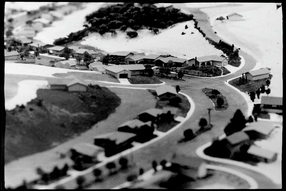 An archival photograph of a model of Marin County at the UC Berkeley Environmental Simulation Laboratory.