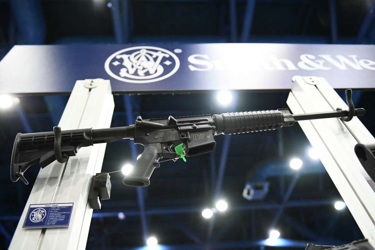 FILE: A Smith & Wesson M&P-15 semi-automatic rifle of the AR-15 style is displayed during the National Rifle Association (NRA) annual meeting at the George R. Brown Convention Center, in Houston, Texas on May 28, 2022.