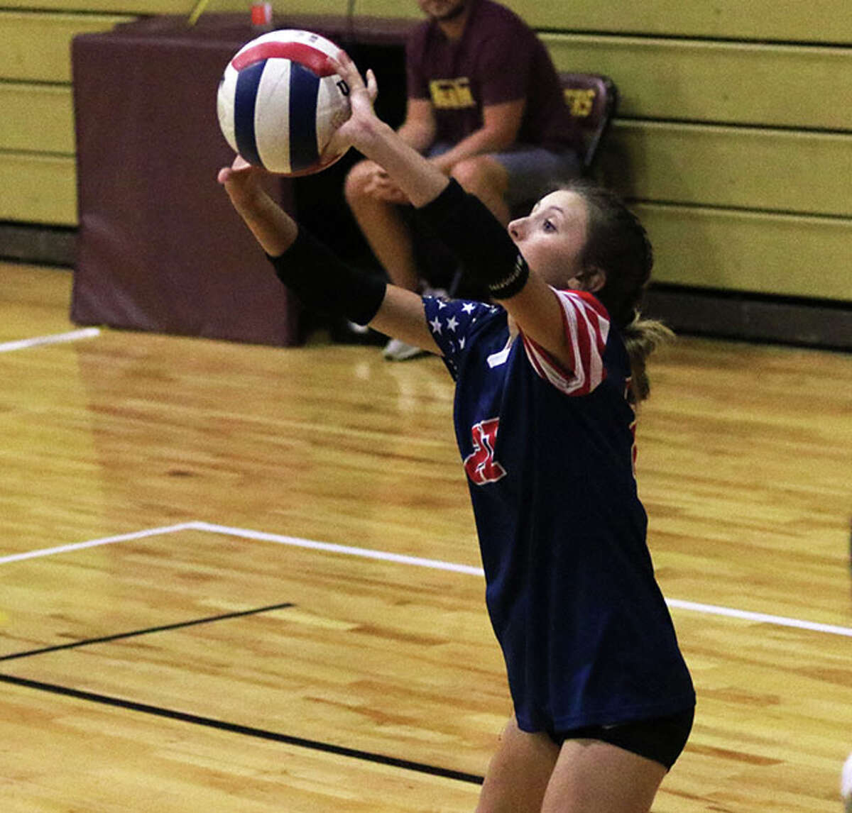 EA-WR libero Jayde Kassler passes out of serve receive against Cahokia on Saturday at the EA-WR Tournament at Memorial Gym in Wood River.