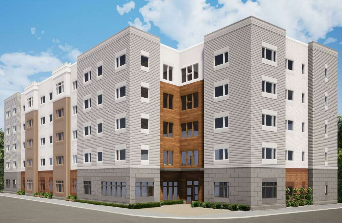 A rendering of the proposed 44-unit apartment building at East Main and Nichols streets in Bridgeport.