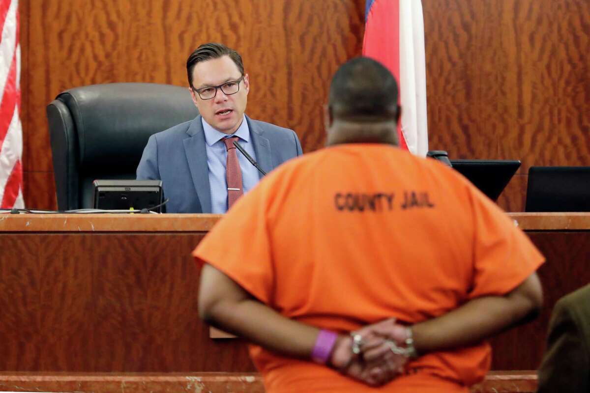 Kevin Ware, former NFL football player, appears in front of Judge Brian Warren in the 209th District Court on a murder charge in connection to the death of his girlfriend, Taylor Pomaski, at the Harris County courthouse Monday, Sept. 12, 2022 in Houston, TX.