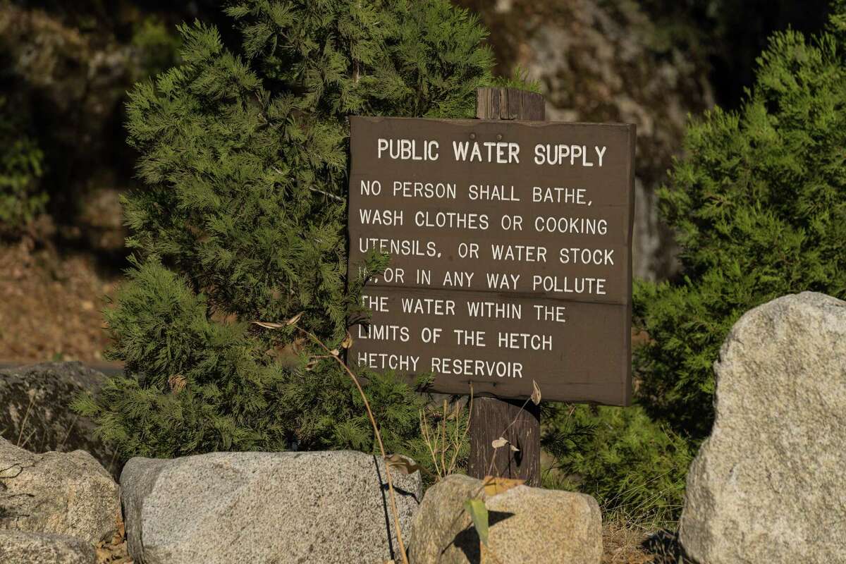A public water supply sign stands near the Hetch Hetchy Reservoir in Yosemite National Park, Calif., on September, 1, 2022.