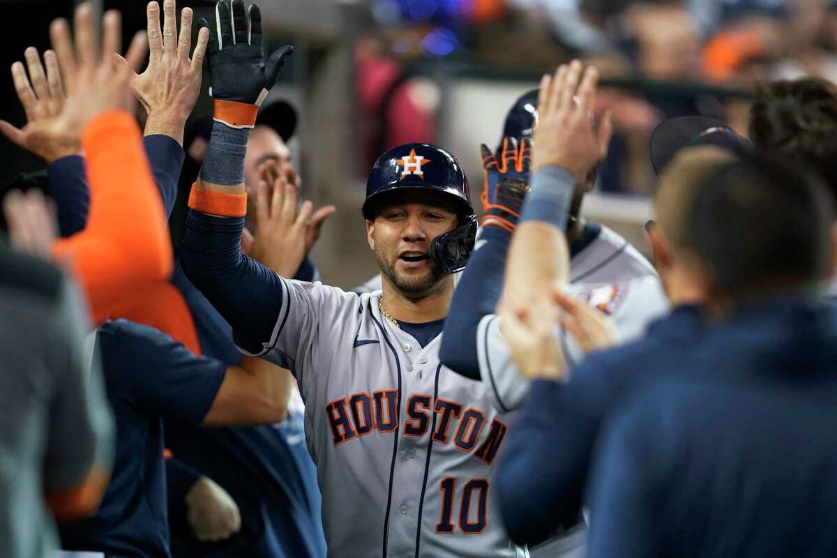 Houston Astros' Yuli Gurriel celebrates his two-run home run against the Detroit Tigers in the seventh inning of a baseball game in Detroit, Tuesday, Sept. 13, 2022. (AP Photo/Paul Sancya)