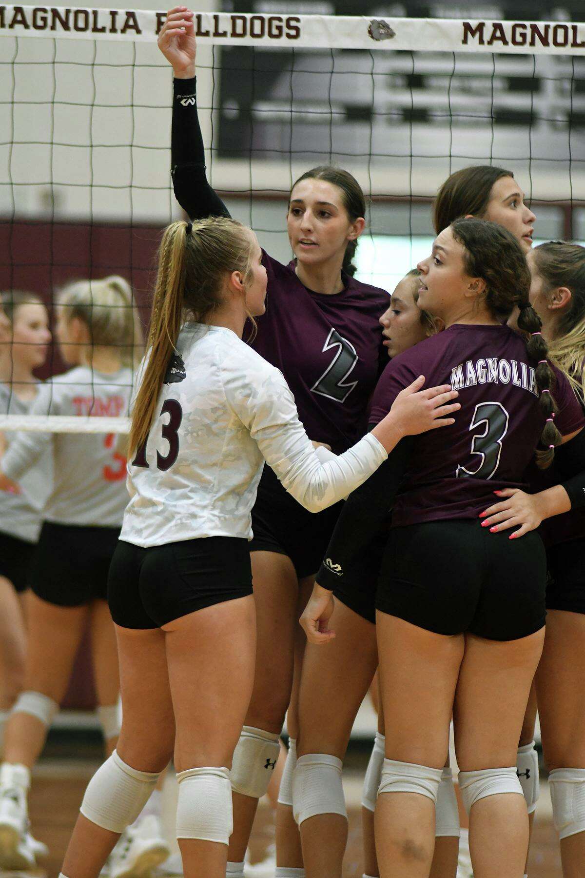 Seen here earlier this season, Magnolia's Ali Gentry (13), Chloe Richards (2) and Kira Braun (3) also contributed in a big way Tuesday night in Magnolia’s win over College Station in five sets.