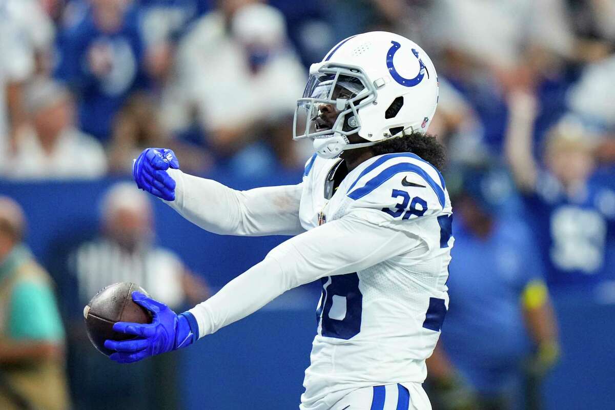 Indianapolis Colts cornerback Tony Brown (38) celebrates an interception against the Detroit Lions during first half of an NFL preseason football game in Indianapolis, Saturday, Aug. 20, 2022. (AP Photo/AJ Mast)