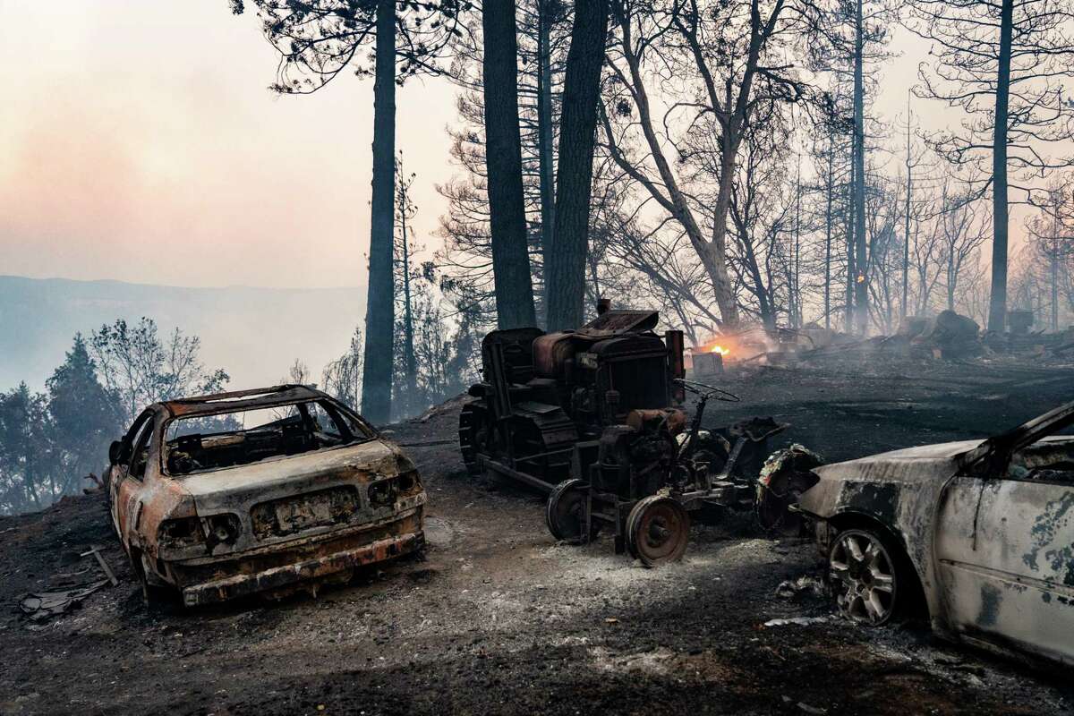 Devastation after flames from the Mosquito Fire jumped the Middle Fork of the American River burning vehicles in Foresthill, Calif. on September 13, 2022. The Mosquito Fire has burned 50,330 acres and is now at 25% containment. The Placer County Sheriff's Office says 6,258 residents have been evacuated.