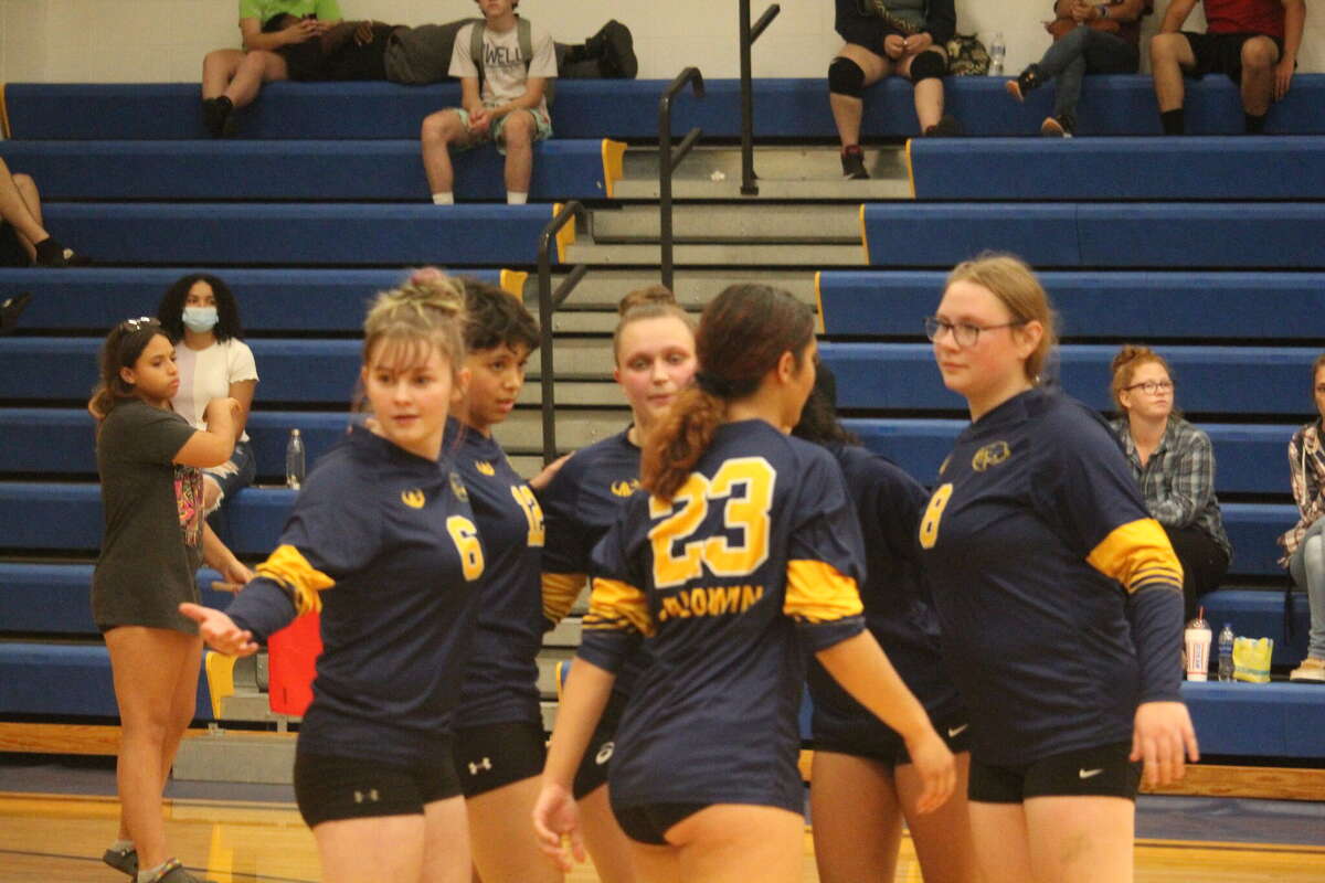 Baldwin volleyball girls celebrate a play earlier this season.
