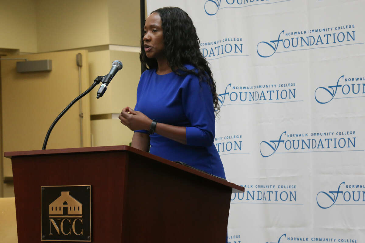 Cheryl De Vonish, Norwalk Community College's CEO, speaks during a news conference on Tuesday at the school.