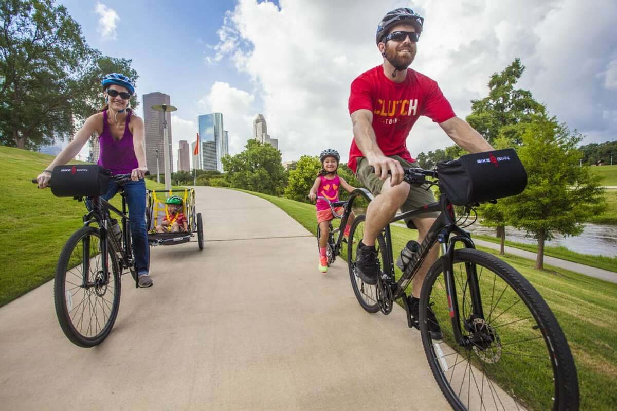Rent bikes to cruise through Buffalo Bayou Park in Houston, Texas.