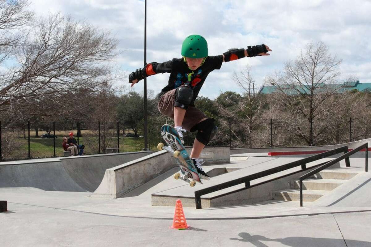 A skateboarder at Lee and Joe Jamail Skatepark in Houston, Texas.